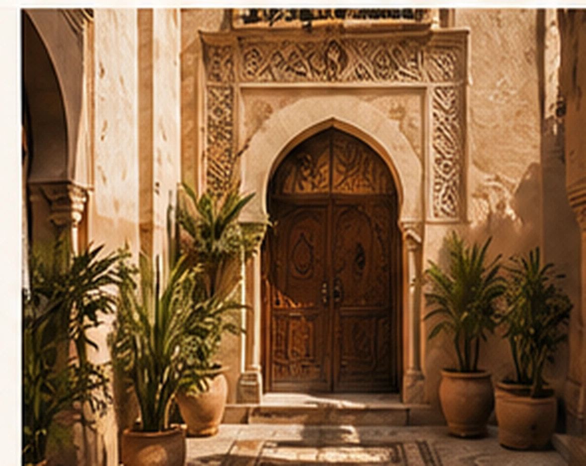 An ornate Moroccan riad entrance in warm afternoon light
