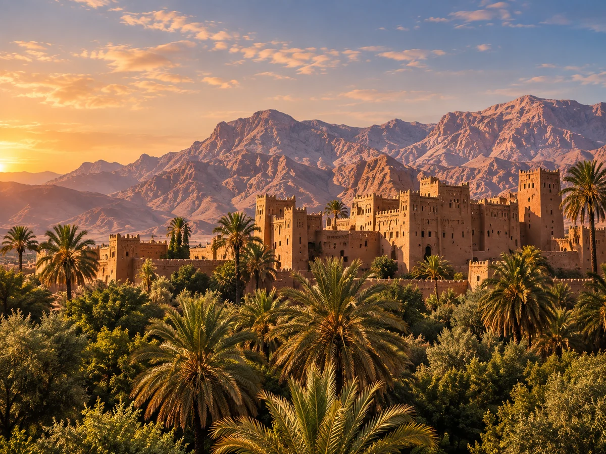 Kasbahs, palms and Atlas mountain landscape in warm golden light
