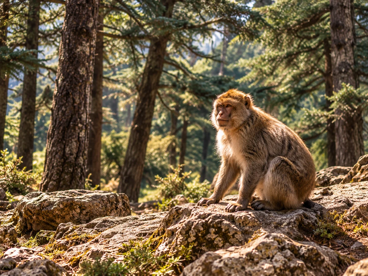 Barbary macaque among cedar trees in Morocco's Middle Atlas