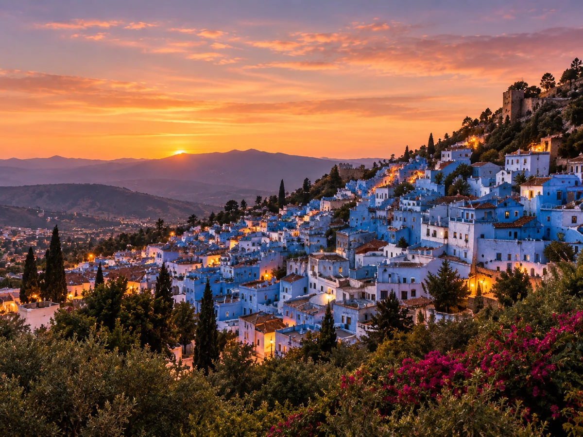 Chefchaouen glowing across a mountain hillside at sunset
