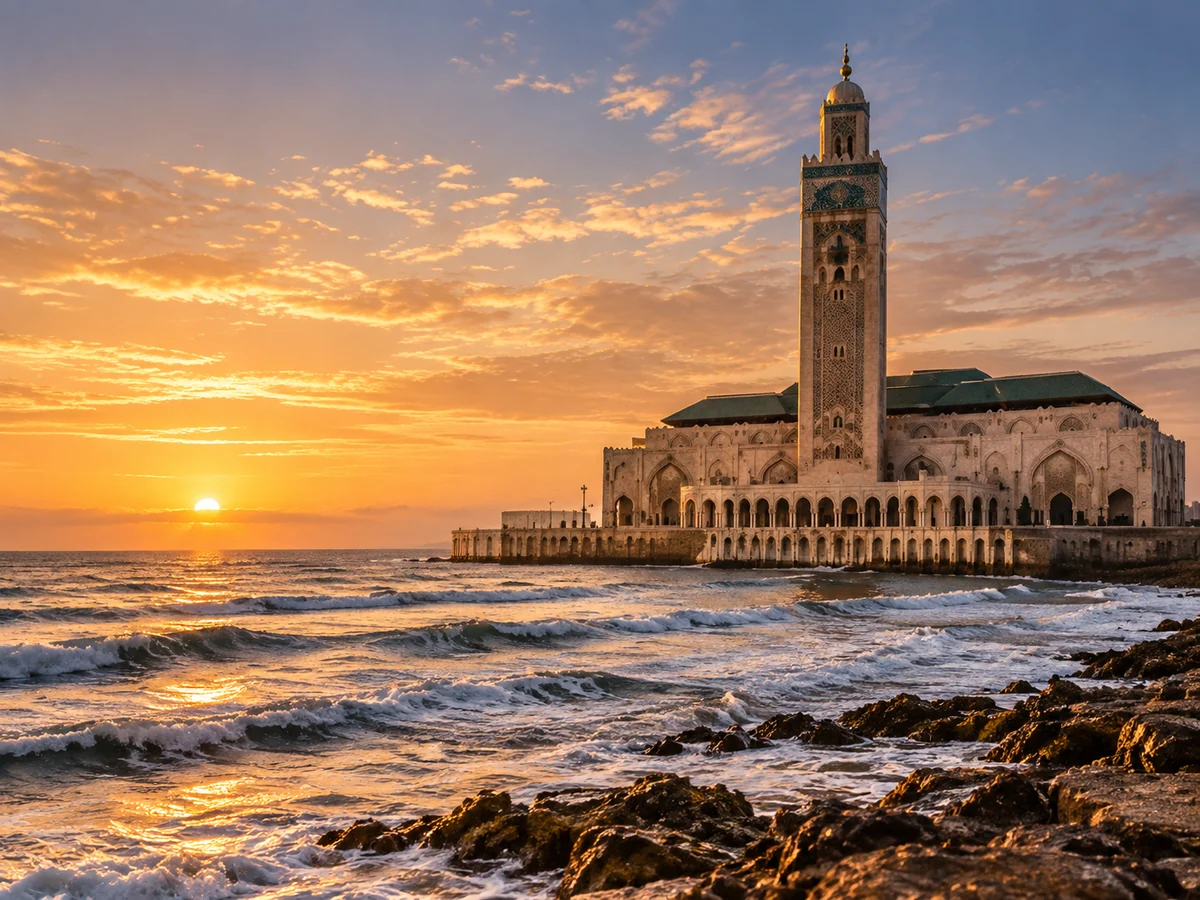 Hassan II Mosque in Casablanca beside the Atlantic at sunset