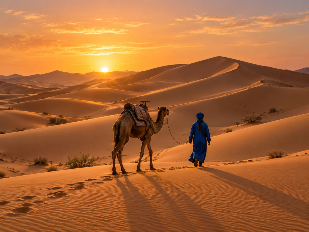 Camel and local guide walking through Sahara dunes at sunset