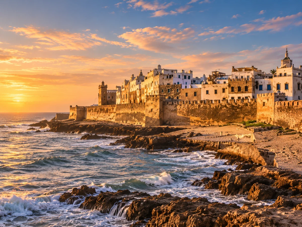 Historic Moroccan Atlantic ramparts glowing at sunset