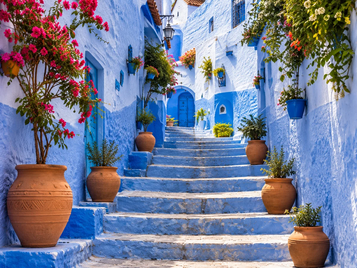 Blue medina steps and flower-lined streets in Chefchaouen