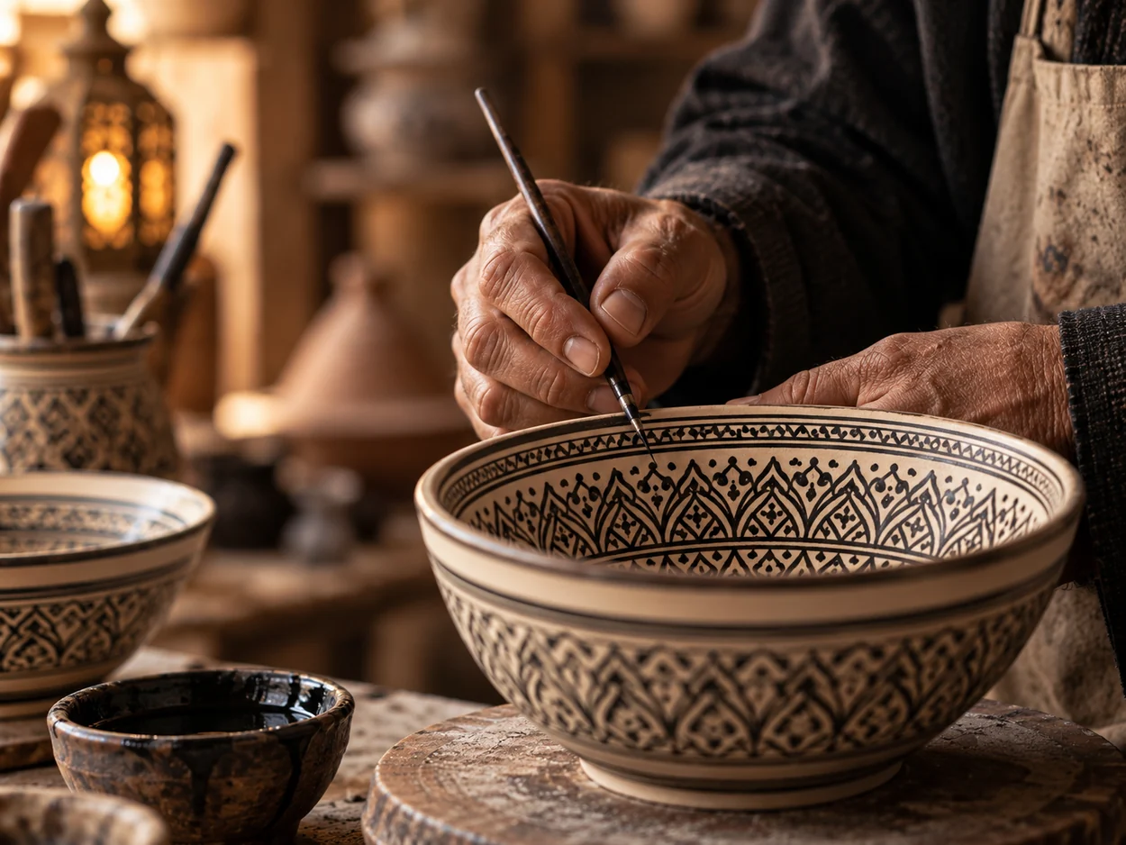 Moroccan artisan hand-painting a ceramic bowl