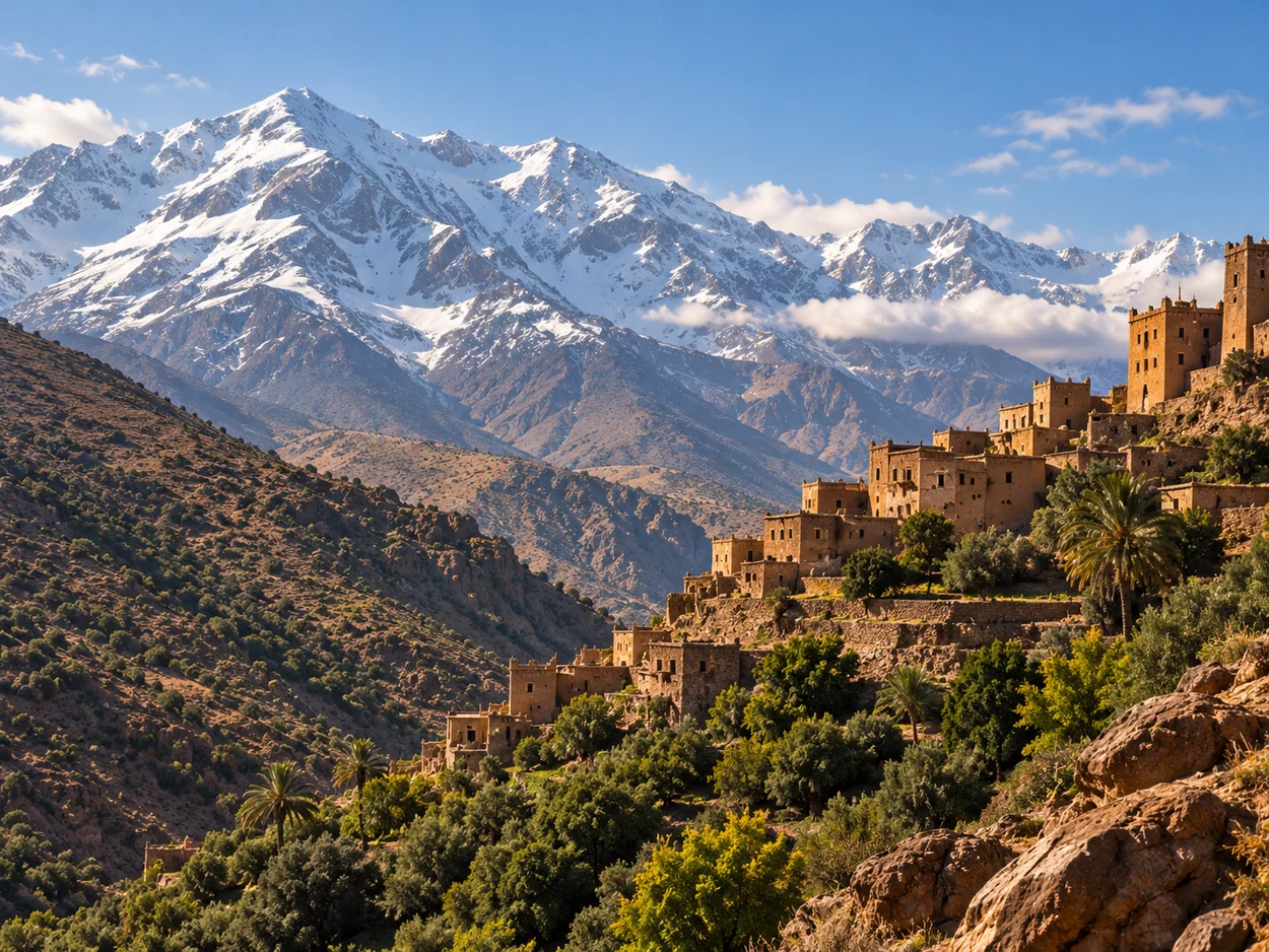 Atlas Mountains rising above a Moroccan valley village