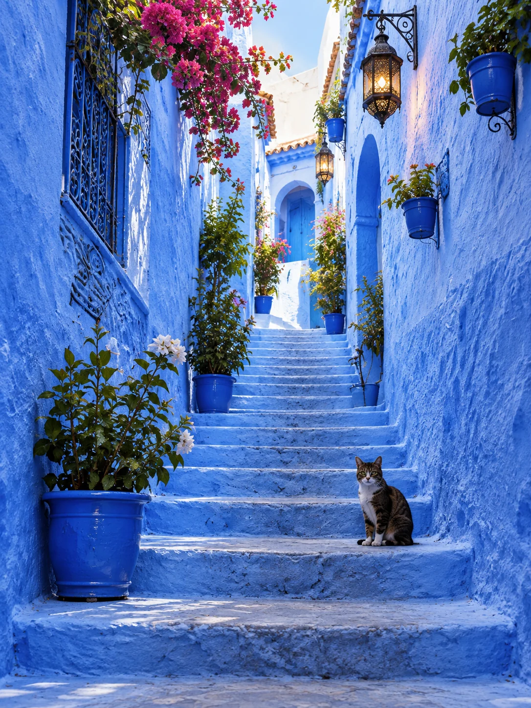 Blue steps, flowers and a cat in Chefchaouen