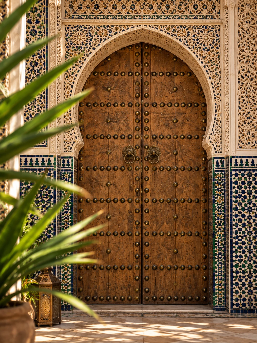 Ornate Moroccan medina doorway with zellige and carved plaster