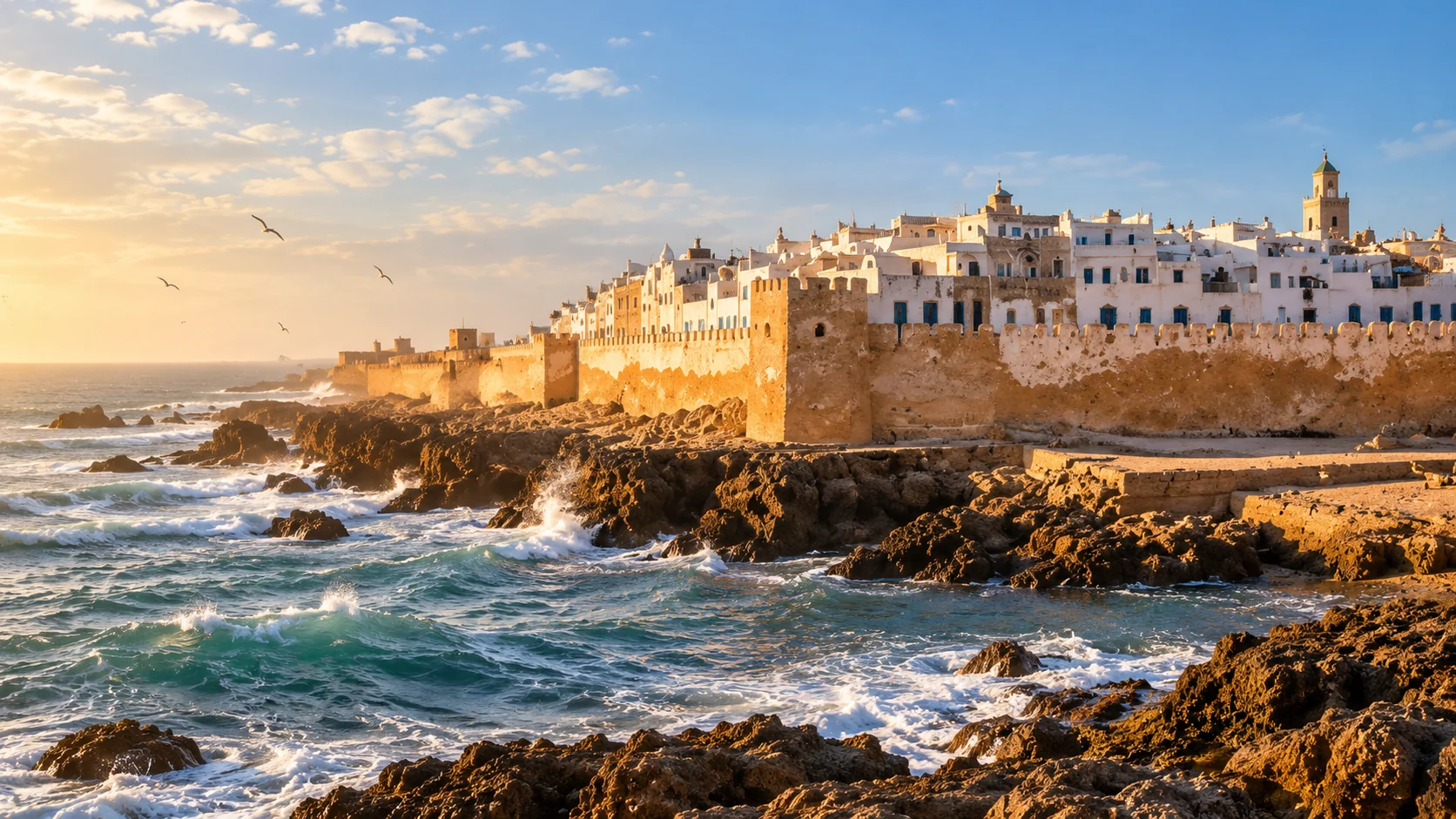 Essaouira ramparts glowing beside the Atlantic Ocean
