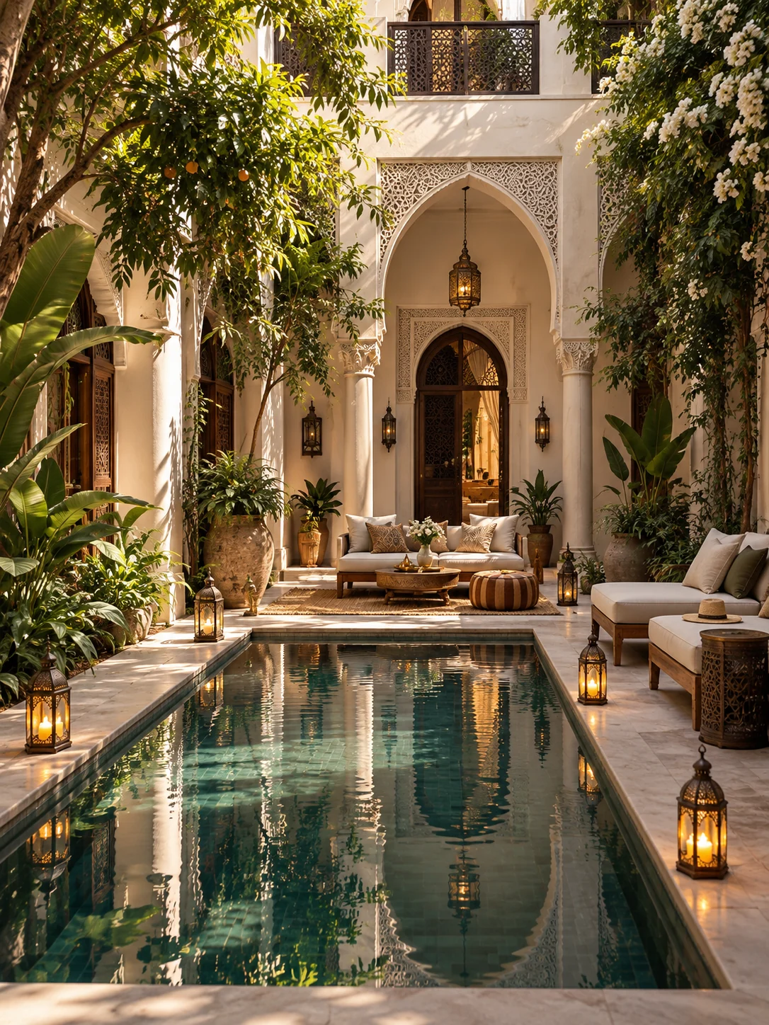 Serene Moroccan riad courtyard and pool