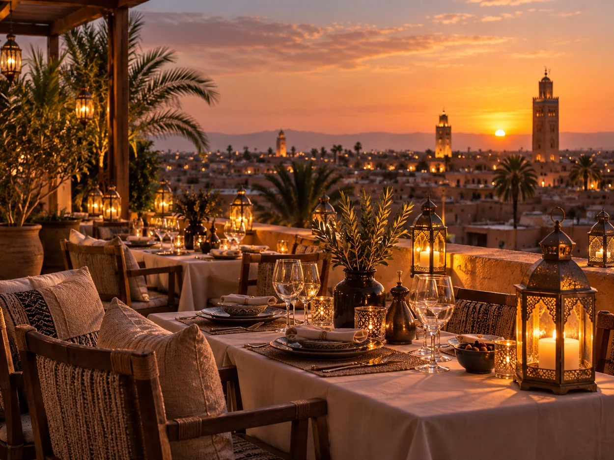 Lantern-lit rooftop dining in Marrakech at sunset