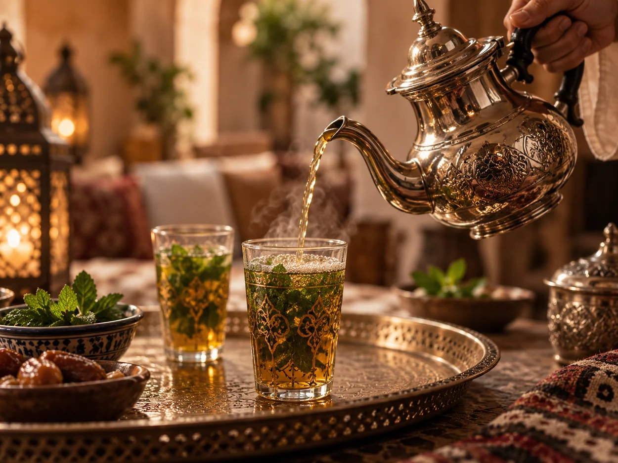 Traditional Moroccan mint tea being poured from a silver teapot