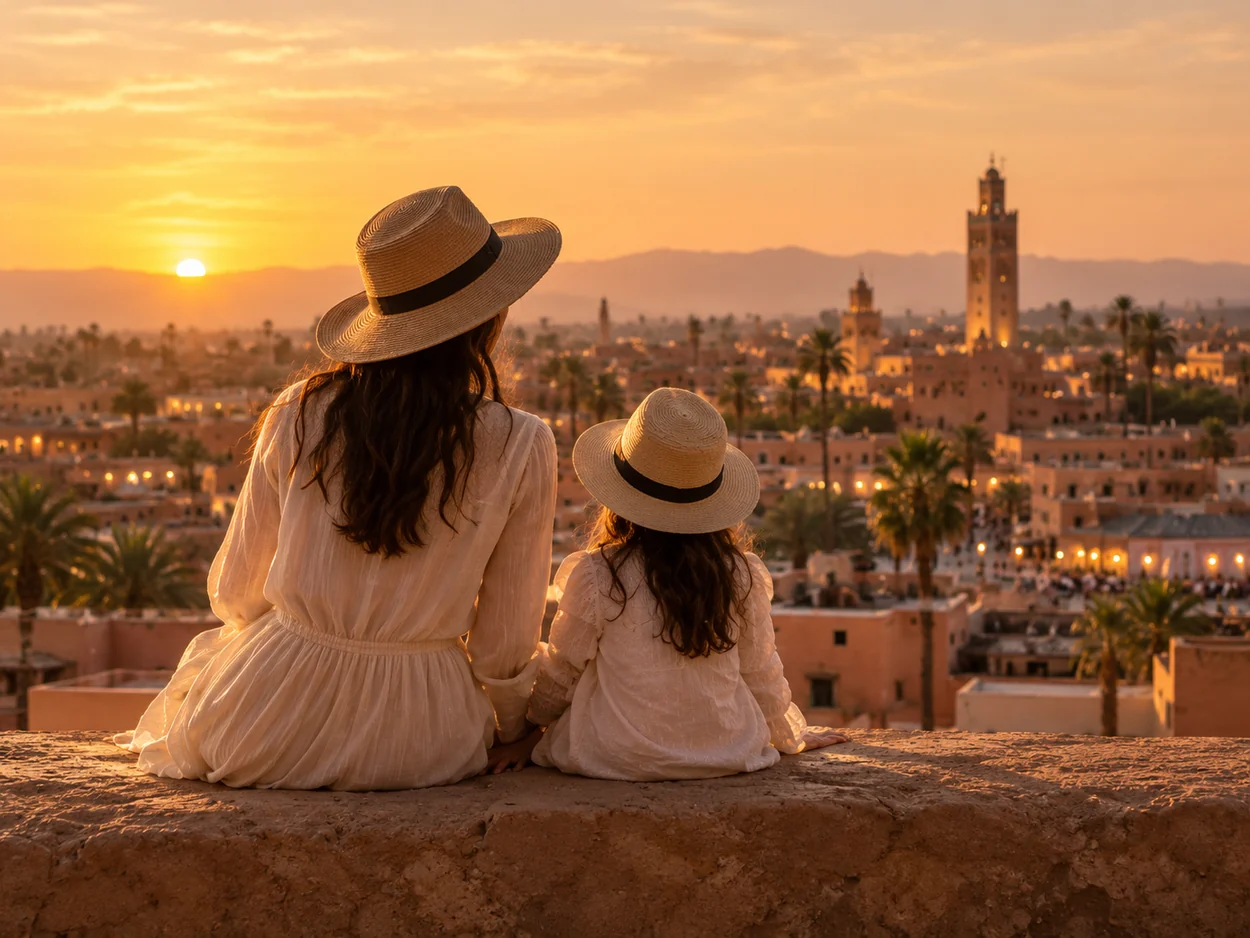 Mother and daughter overlooking Marrakech at sunset