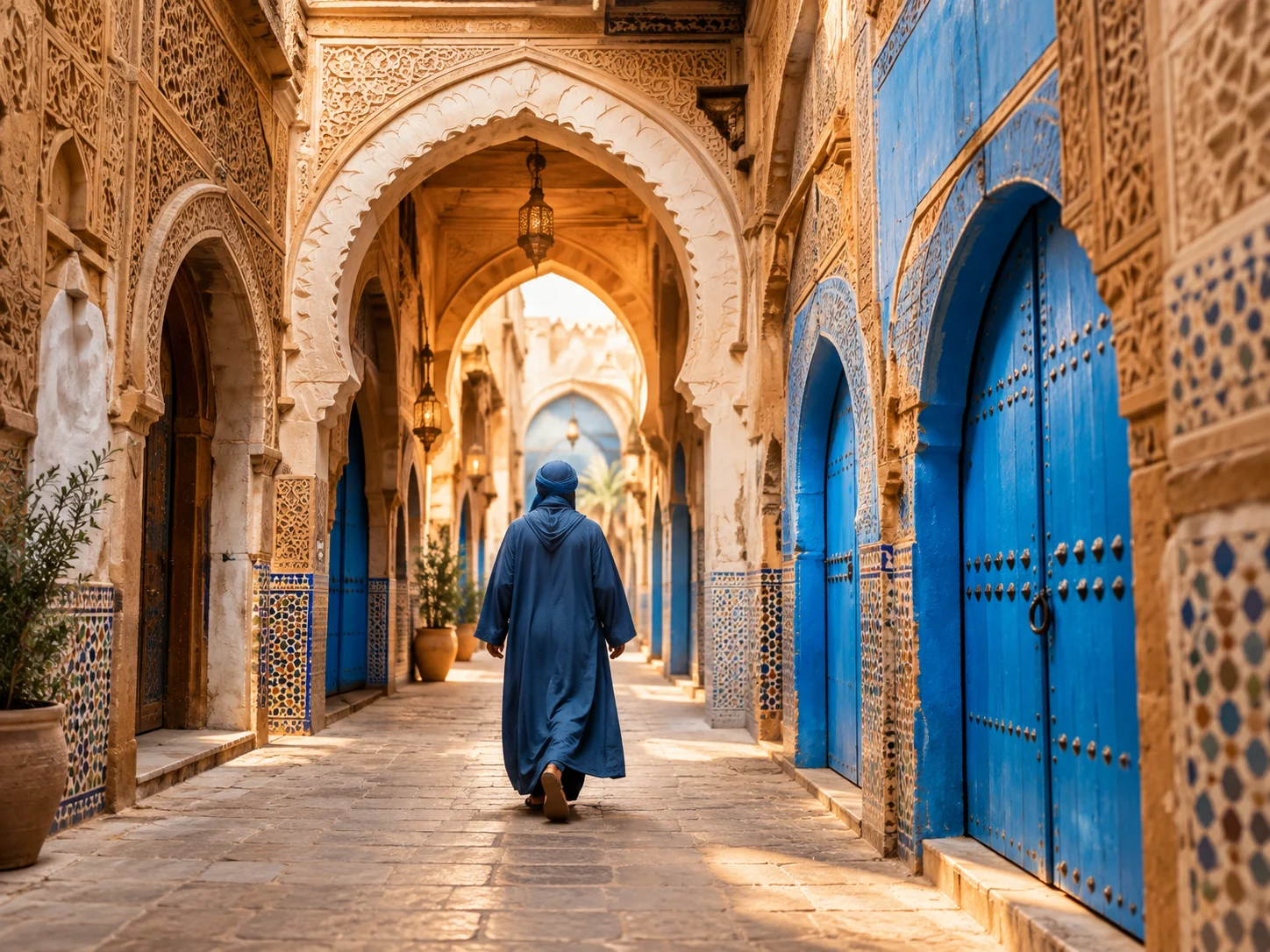 A local guide walking beneath ornate Moroccan arches