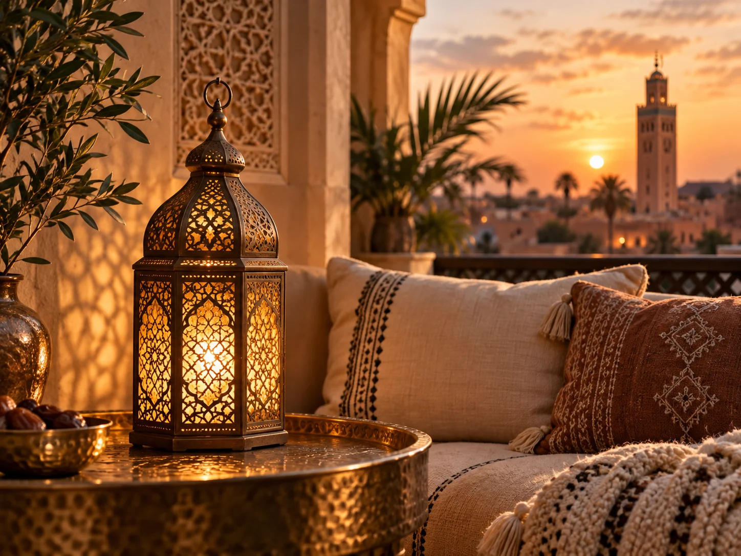 Moroccan lantern on a rooftop terrace at sunset