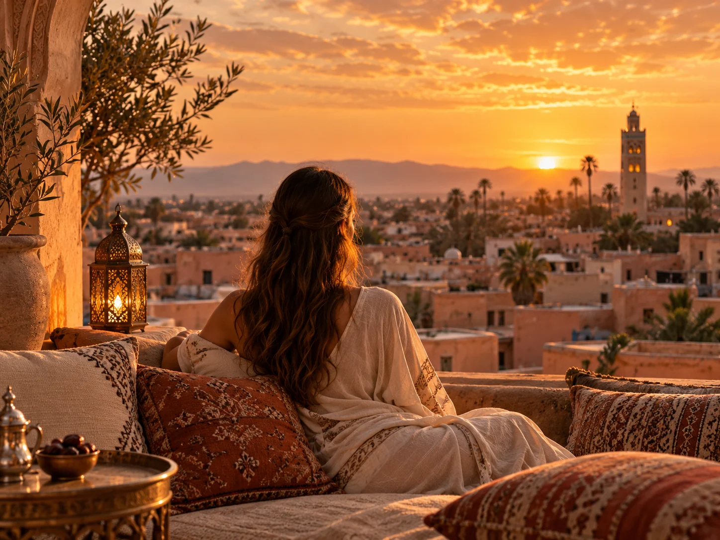 Traveler relaxing on a Marrakech rooftop at sunset
